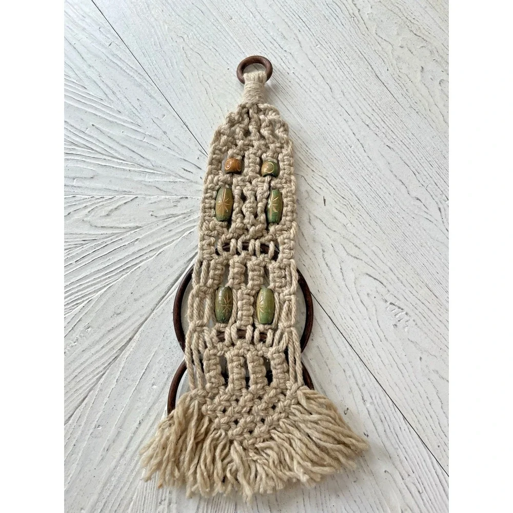 vintage Retro MCM Beige‎ Macrame Wall Hanging Double Hand Towel Ring Holder
